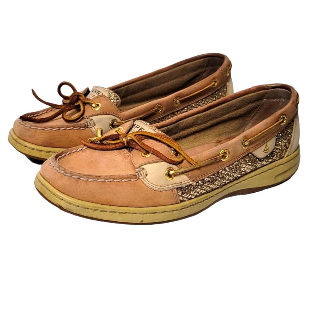 Women's SPERRY Angelfish Signature Gold Glitter Suede Loafers Flats Slip-on